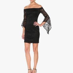 Bebe Women’s Missy Black Laced Mini Dress Off Shoulder Bell Sleeves Size 0 NWT